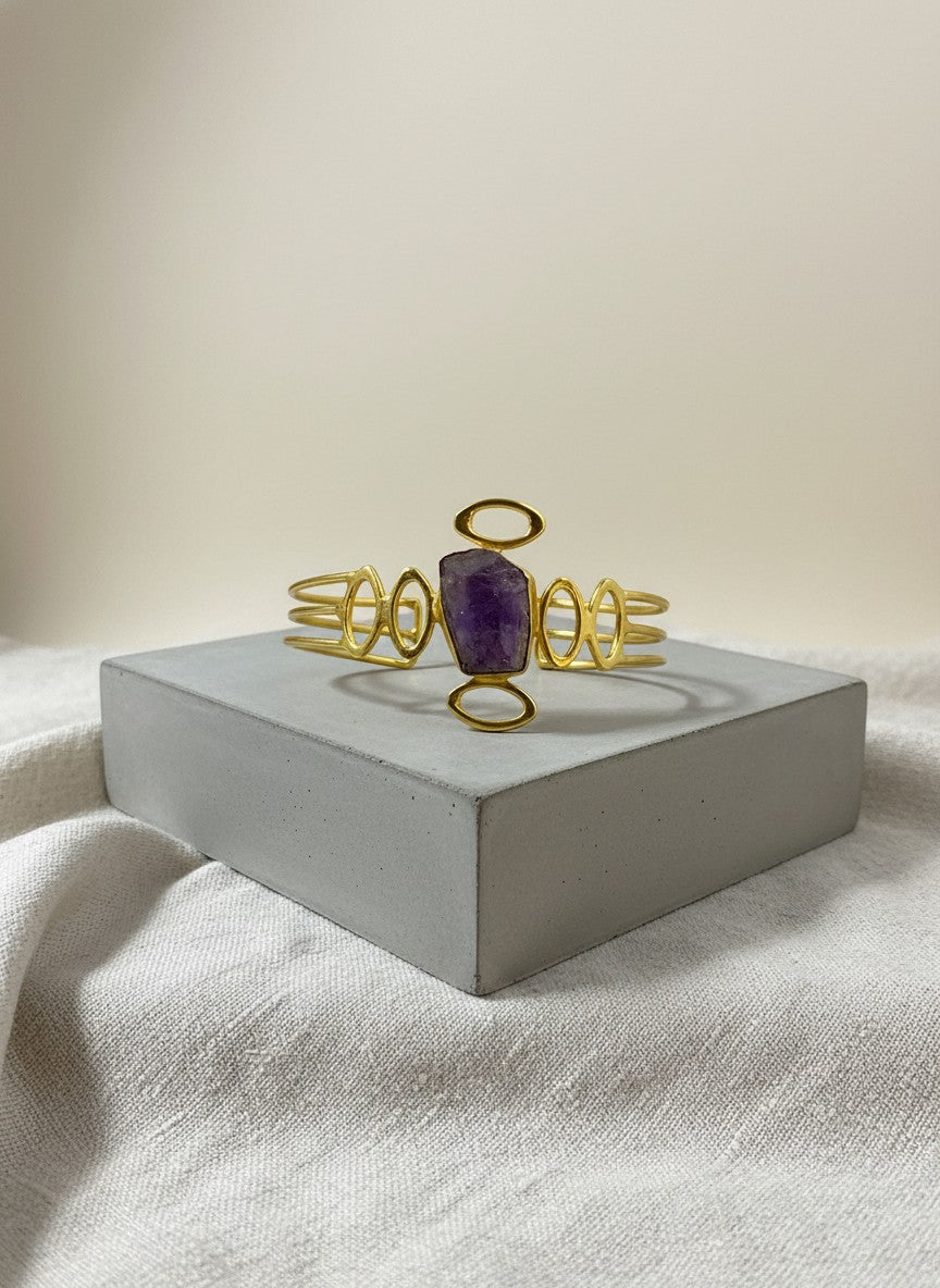 Elara Gold-Plated Sculptural Cuff Bracelet with Natural Stone Accent for Women - Occasion Wear