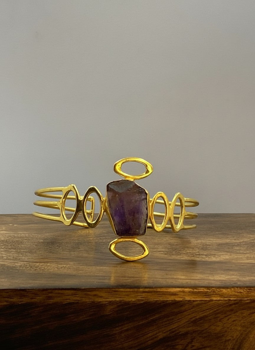 Elara Gold-Plated Sculptural Cuff Bracelet with Natural Stone Accent for Women - Occasion Wear