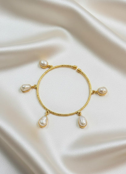 Luna Gold-Plated Baroque Pearl Drop Charm Bangle Bracelet for Women - All Occasions