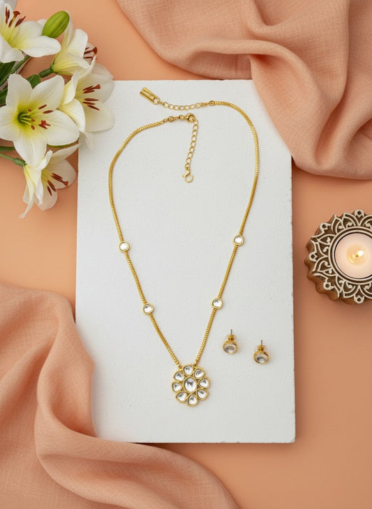Traditional Gold Kundan Necklace Set with Flower Pendant