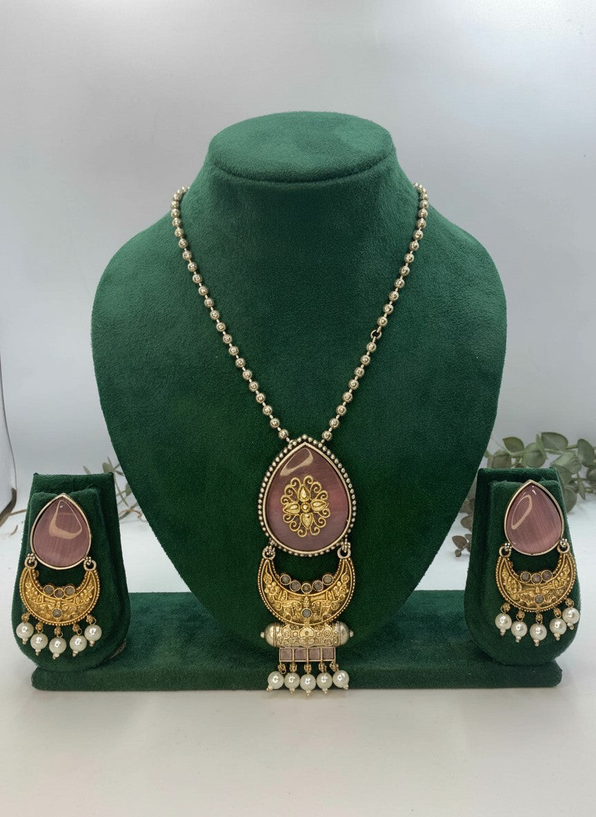 Two Tone Oxidized Necklace Set in half-moon floral design motifs