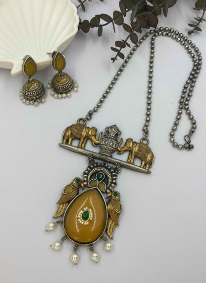 Two Tone Oxidized Necklace Set with elephant motifs and Jhumkis