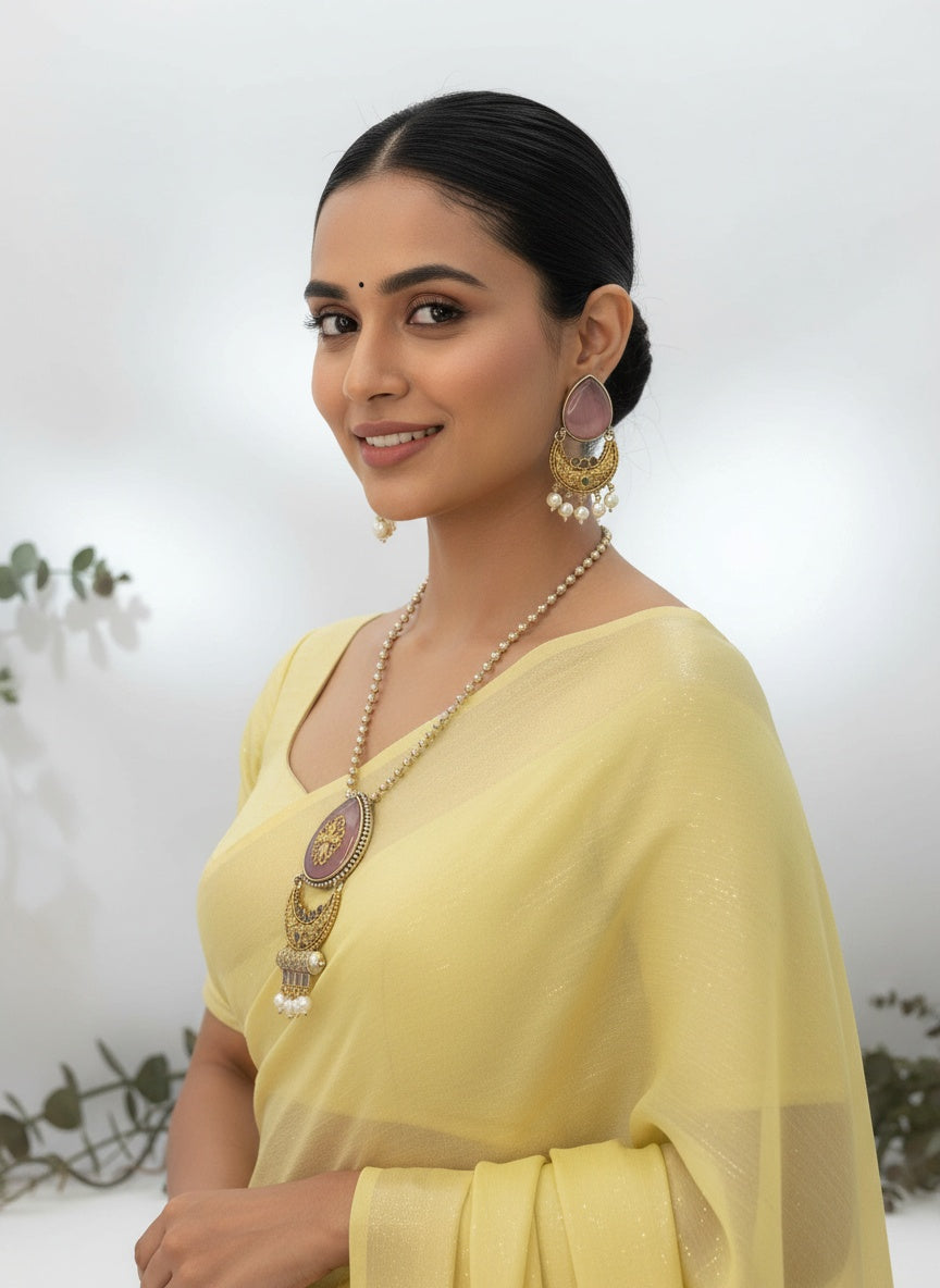 Two Tone Oxidized Necklace Set in half-moon floral design motifs