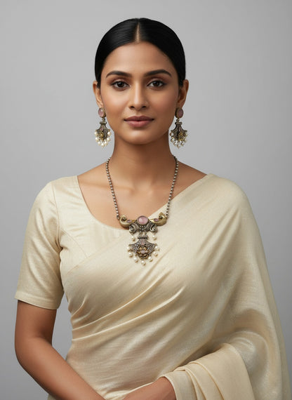 Two Tone Traditional Peacock Motif Necklace Set