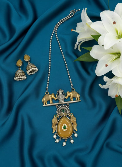 Two Tone Oxidized Necklace Set with elephant motifs and Jhumkis