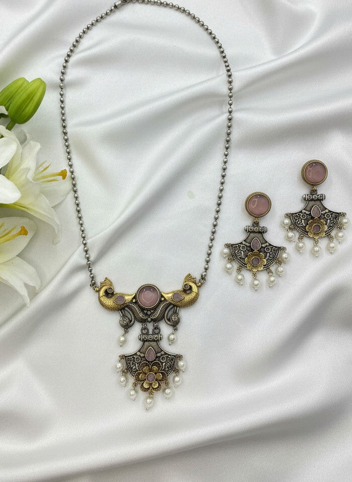 Two Tone Traditional Peacock Motif Necklace Set
