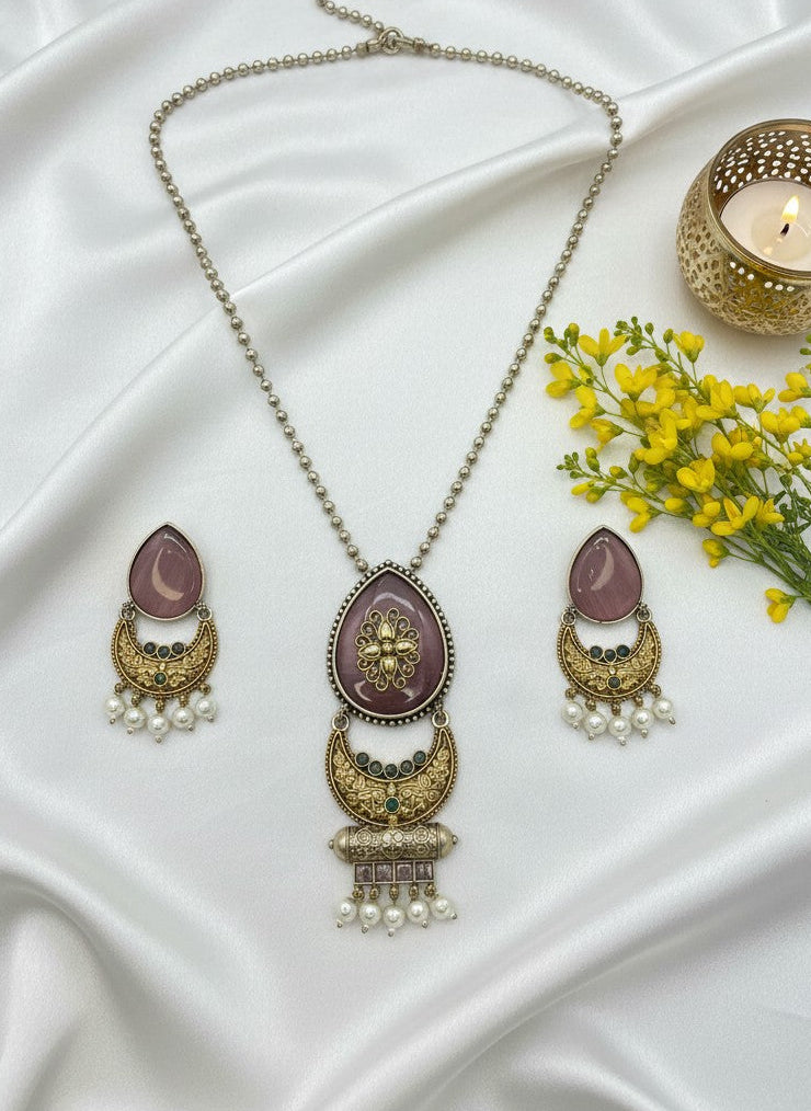Two Tone Oxidized Necklace Set in half-moon floral design motifs