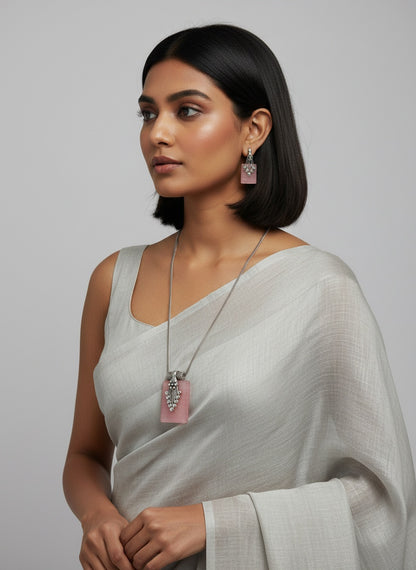 Silver Oxidized Neck chain Pendant Necklace set in Geometric pattern Monalisa Stones