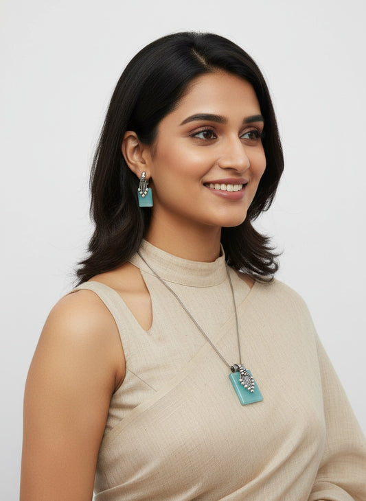 Silver Oxidized Neck chain Pendant Necklace set in Geometric Pattern Aqua Monalisa Stones for Women