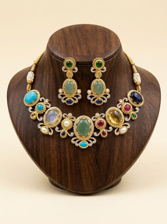 Indrani Multi-Colour Natural Stone & Polki Necklace Set for Women - Festive Ethnic Wear