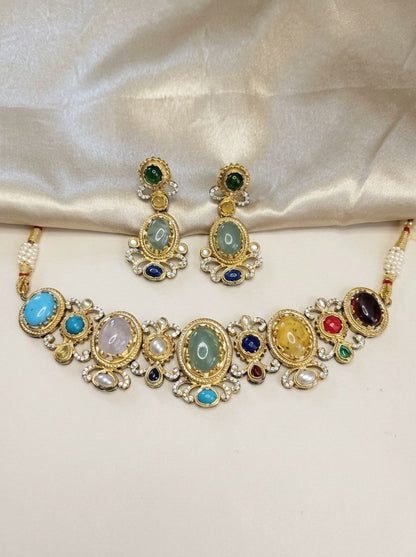 Indrani Multi-Colour Natural Stone & Polki Necklace Set for Women - Festive Ethnic Wear