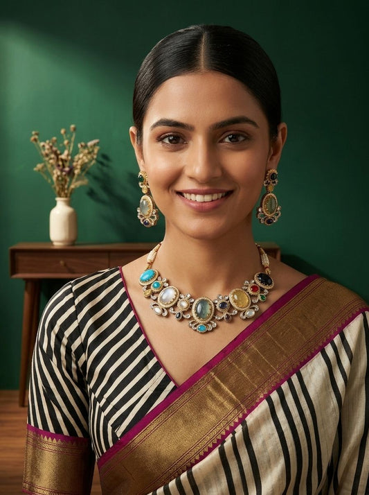Indrani Multi-Colour Natural Stone & Polki Necklace Set for Women - Festive Ethnic Wear