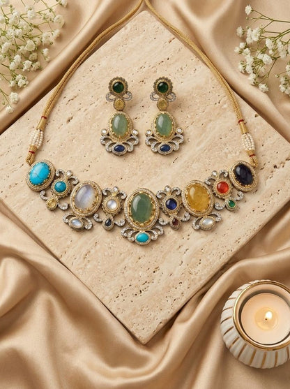 Indrani Multi-Colour Natural Stone & Polki Necklace Set for Women - Festive Ethnic Wear