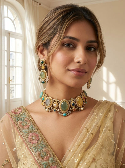 Indrani Multi-Colour Natural Stone & Polki Necklace Set for Women - Festive Ethnic Wear