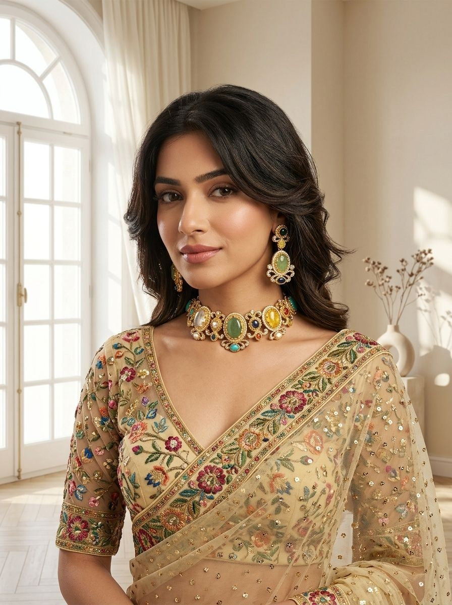 Indrani Multi-Colour Natural Stone & Polki Necklace Set for Women - Festive Ethnic Wear