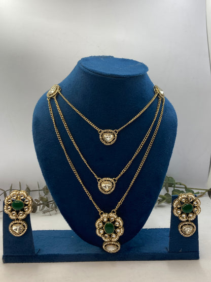 Layered Polki & Emerald Accent Necklace Set for Women - Special Occasions