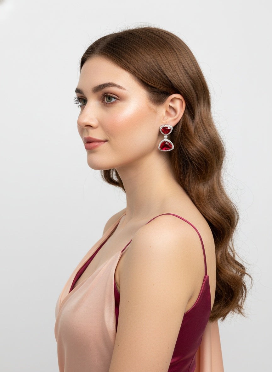 Sparkling Trendy Silver Plated Austrian and Crystal Stone Dangler Earrings - Dark Pink