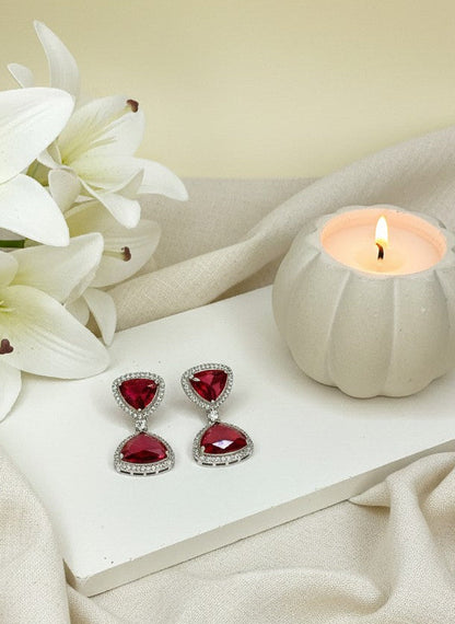 Sparkling Trendy Silver Plated Austrian and Crystal Stone Dangler Earrings - Dark Pink