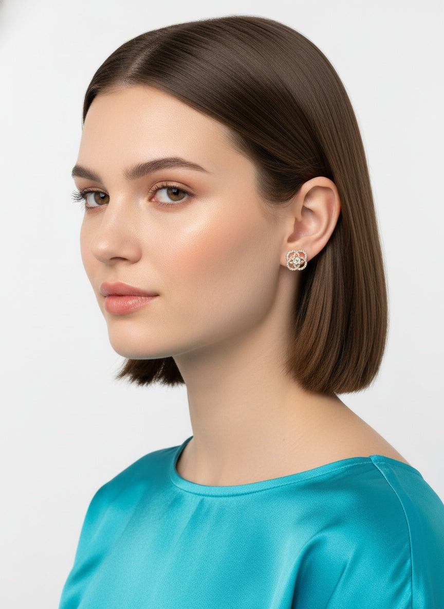 Rose Gold Plated CZ and American Diamond Trendy Look Stud Earrings