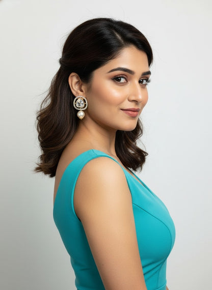 Trendy Western Gold Plated Kundan Stud Earrings with Pearl Drops