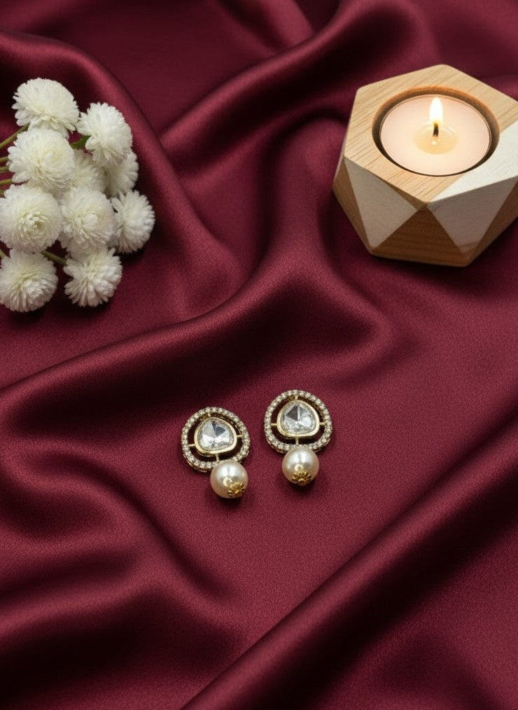 Trendy Western Gold Plated Kundan Stud Earrings with Pearl Drops