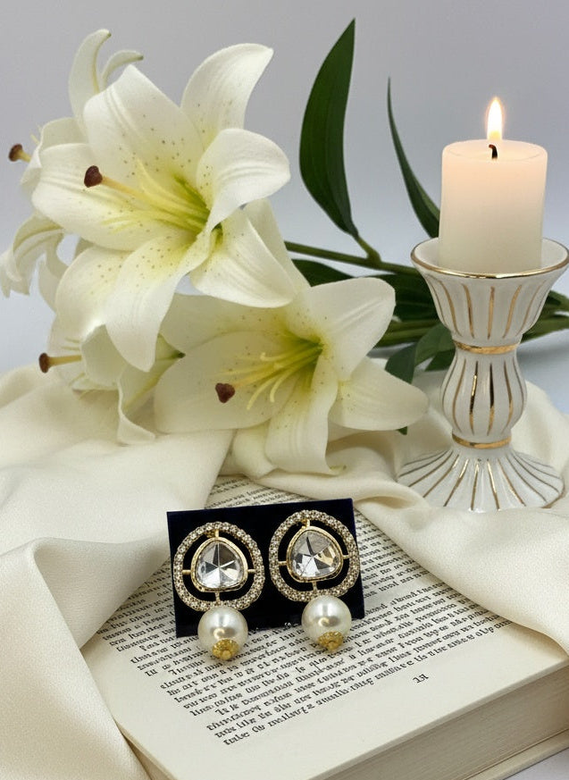 Trendy Western Gold Plated Kundan Stud Earrings with Pearl Drops