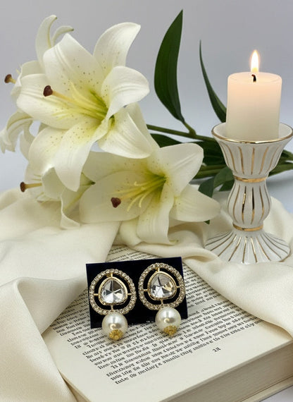 Trendy Western Gold Plated Kundan Stud Earrings with Pearl Drops