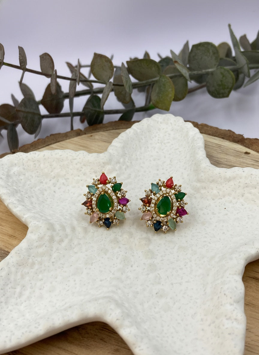 American Diamond with multicolor Navaratna Stones gold plated traditional Stud Earrings