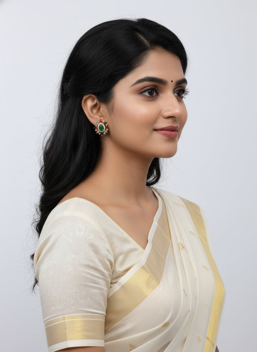 American Diamond with multicolor Navaratna Stones gold plated traditional Stud Earrings