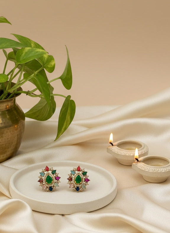 American Diamond with multicolor Navaratna Stones gold plated traditional Stud Earrings