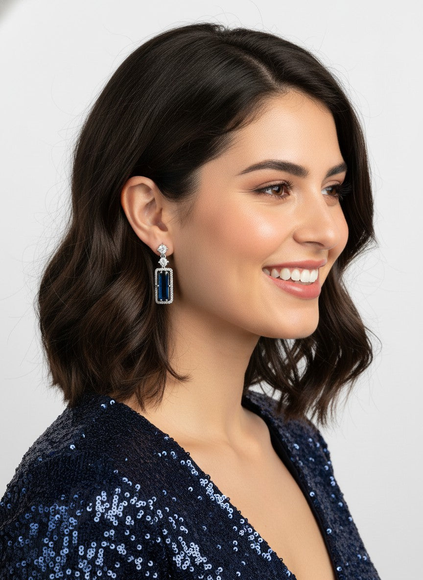 Trendy American Diamond Rectangle Silver Plated Dangler Earrings