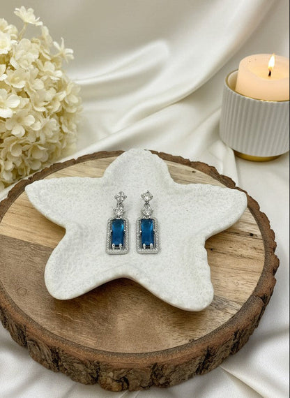 Trendy American Diamond Rectangle Silver Plated Dangler Earrings