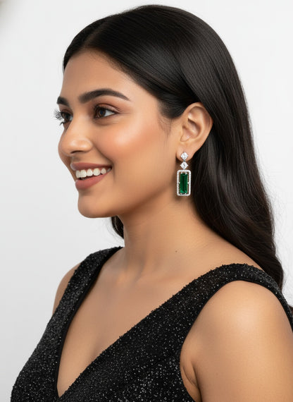 Trendy American Diamond Rectangle Silver Plated Dangler Earrings