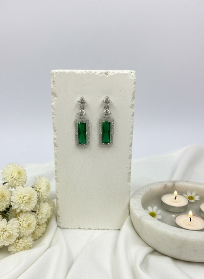 Trendy American Diamond Rectangle Silver Plated Dangler Earrings