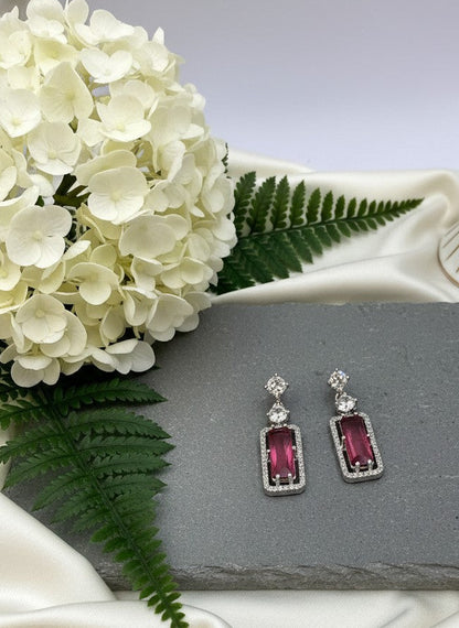Trendy American Diamond Rectangle Silver Plated Dangler Earrings