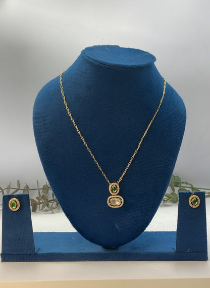 Gold-Plated Polki & Emerald Accent Minimal Pendant Neckchain Set for Women - Everyday Wear