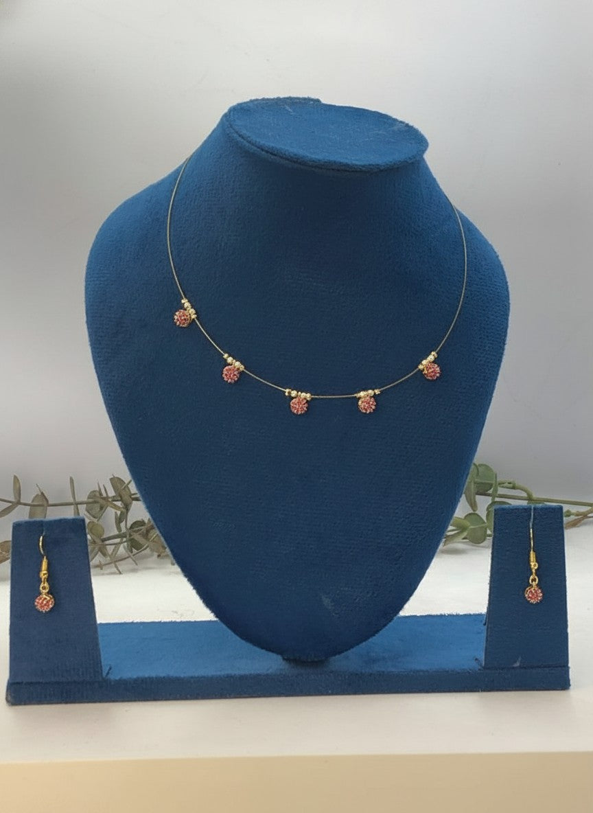 Gold Plated Dainty Invisible Chain Ruby Drop Necklace Set for Women - Everyday Wear