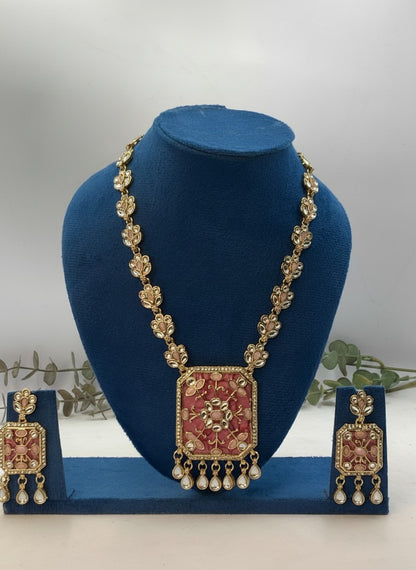 Light Ruby Enamel Polki Necklace & Earring Set with Drop Detailing for Women - Festive Baraati Wear
