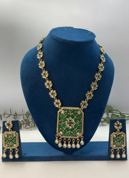 Emerald Enamel Polki Necklace & Earring Set with Drop Detailing for Women - Festive Baraati Wear