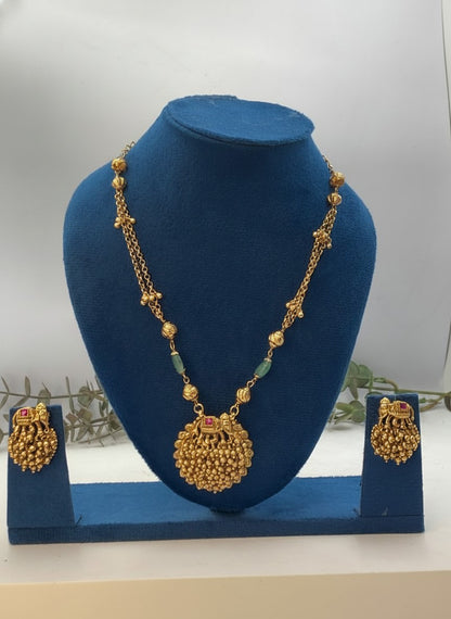Gold-Plated Temple Elephant Motif Pota Beaded Pendant Necklace Set for Women - Festive Wear