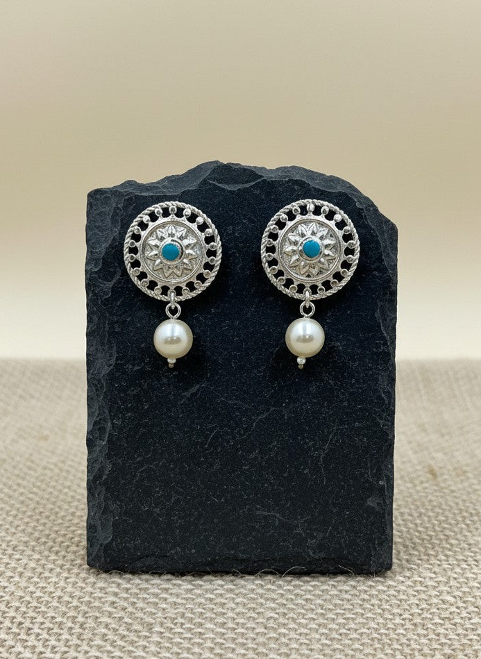 Traditional Silver plated Stud Earrings Sky Blue Kundan round motif design with artificial Pearl drop