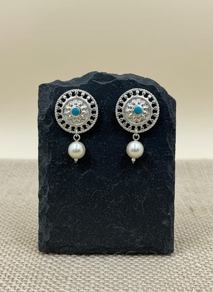 Traditional Silver plated Stud Earrings Sky Blue Kundan round motif design with artificial Pearl drop