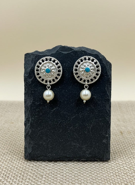 Traditional Silver plated Stud Earrings Sky Blue Kundan round motif design with artificial Pearl drop