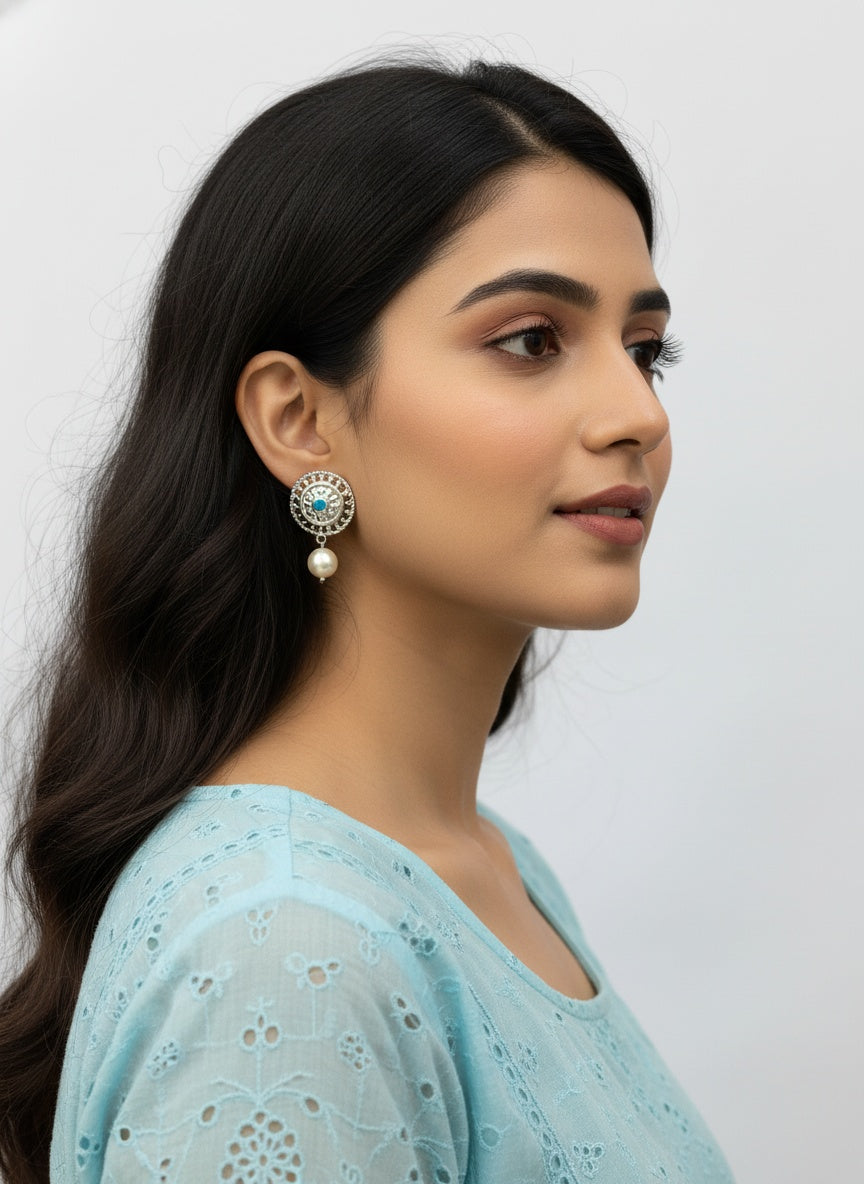 Traditional Silver plated Stud Earrings Sky Blue Kundan round motif design with artificial Pearl drop