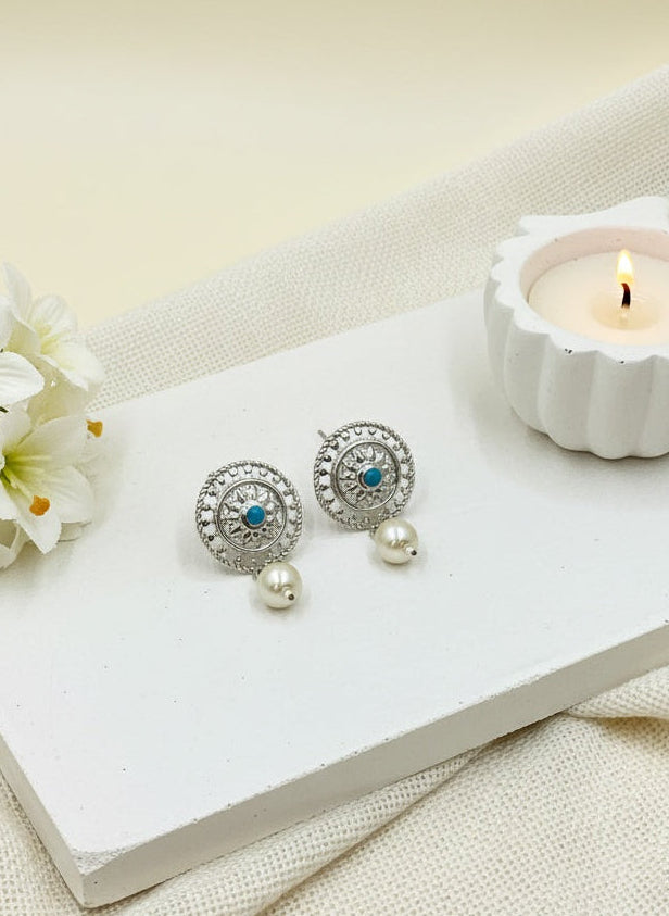 Traditional Silver plated Stud Earrings Sky Blue Kundan round motif design with artificial Pearl drop