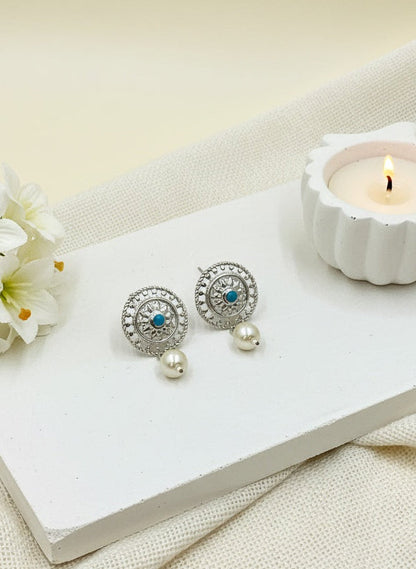 Traditional Silver plated Stud Earrings Sky Blue Kundan round motif design with artificial Pearl drop