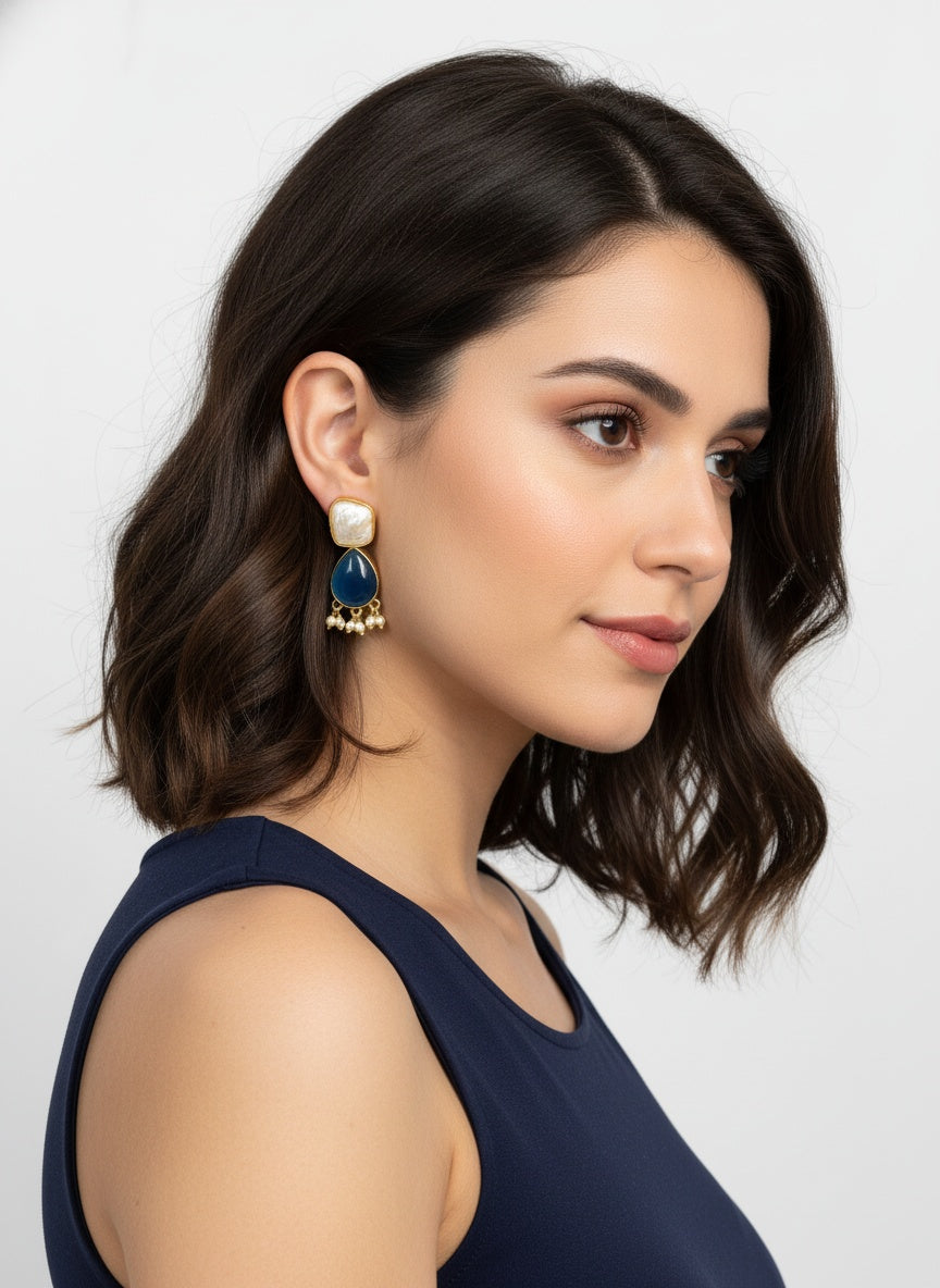 Trendy Gold Plated Matte Finish Artificial Stones and Pearl Dangler Earrings