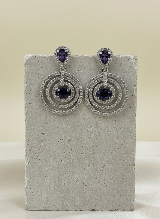 Trendy Silver Plated American Diamond Circular Motif Design Dangler Drop Earrings