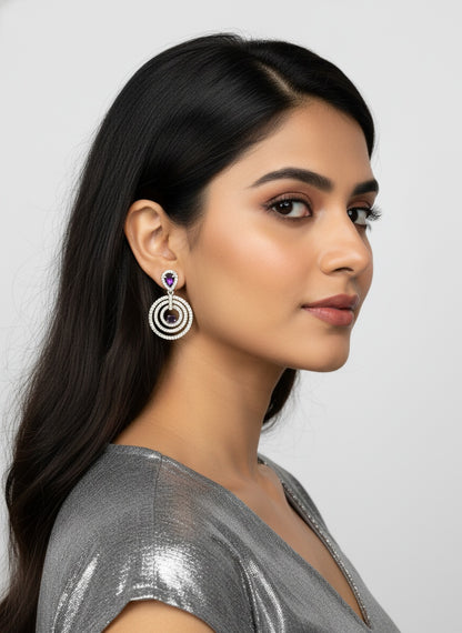 Trendy Silver Plated American Diamond Circular Motif Design Dangler Drop Earrings