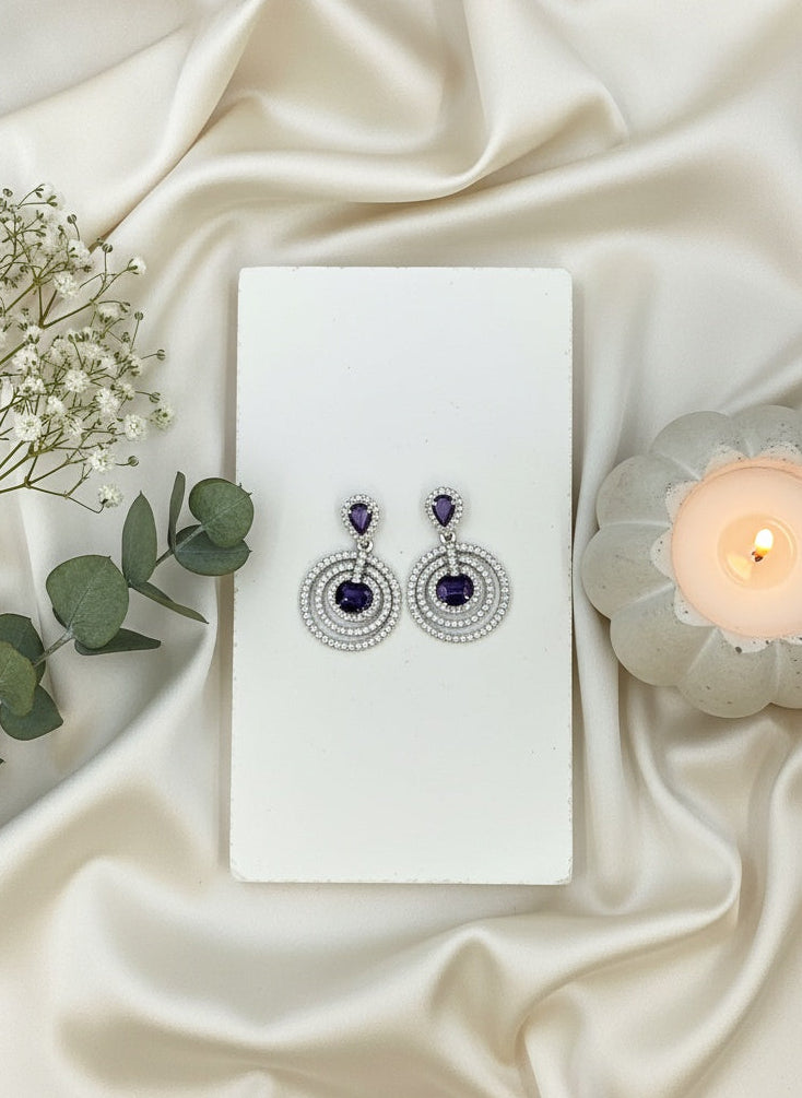 Trendy Silver Plated American Diamond Circular Motif Design Dangler Drop Earrings for Women
